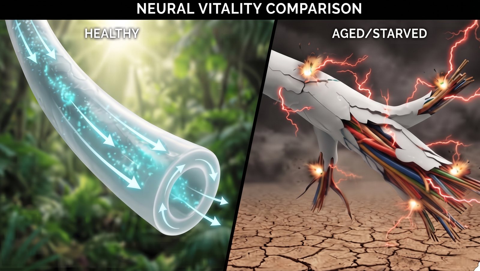 Illustration comparing a healthy nerve fiber with a damaged one