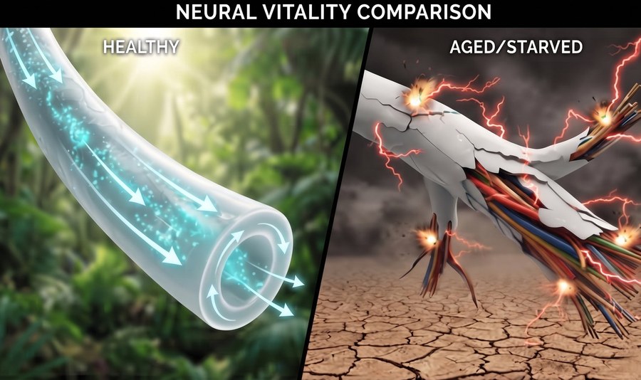 Illustration comparing a healthy nerve fiber with a damaged one