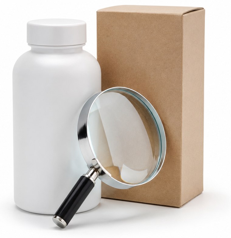 A plain unbranded supplement bottle and a cardboard box being examined with a magnifying glass